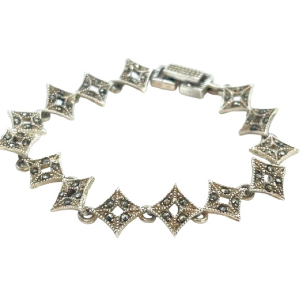 Vintage Silver & Marcasite Art Deco Style Diamond Shaped Link Bracelet | 925